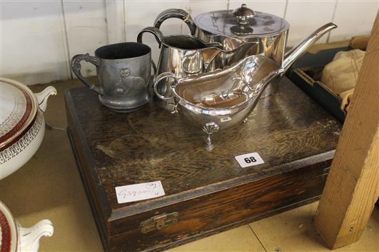 Plated canteen of cutlery & 3 items of plate & pewter cat mug